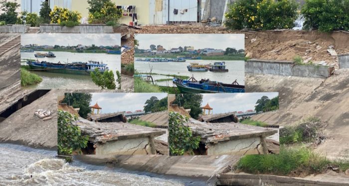 ទឹកហូរច្រោះបាក់ច្រាំងទន្លេស្ទឹងព្រែកត្នោត នៅក្រុងតាខ្មៅ ខណៈពលរដ្ឋ ថា អាចមកពីសាឡង់បូមខ្សាច់ច្រើនពេក